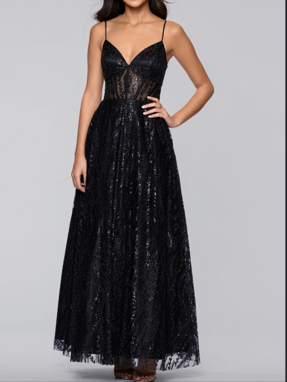 Blondie Nites Black Sequin A-Line Prom Dress with Sheer Bodice